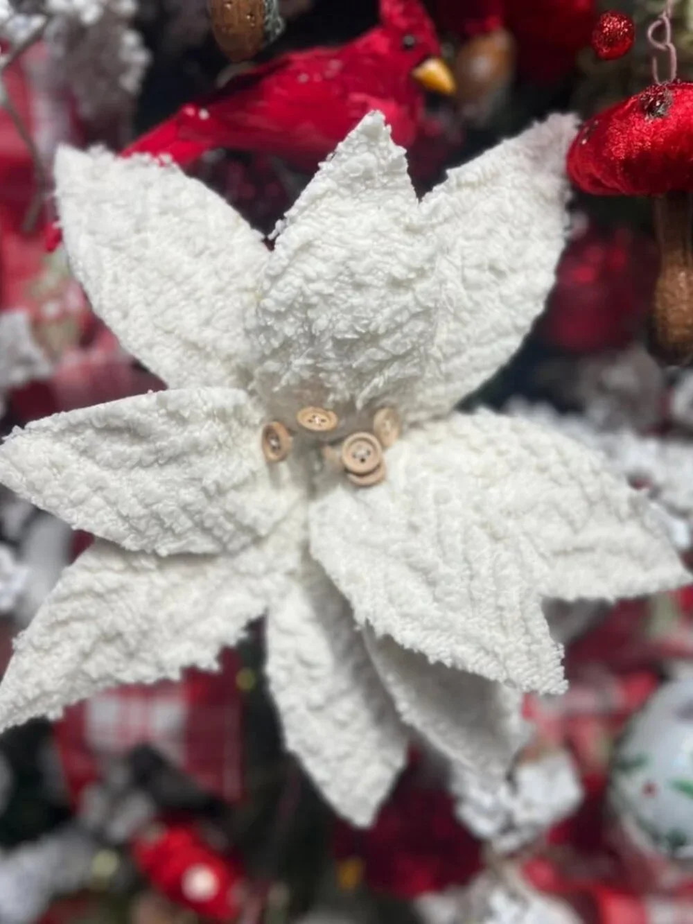 22 inch Winter Chalet White Poinsettia with Buttons Christmas Tree Accent Decor